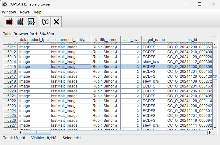 Use scroll bar on the right to find an image with calibration level 2 within the ECDFS field. Click a row to open the View Datalink Table window.