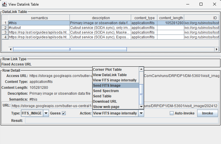 Use the Action dropdown menu and select Send FITS Image.