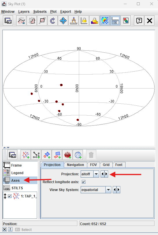 A screenshot of the skymap aitoff projection.