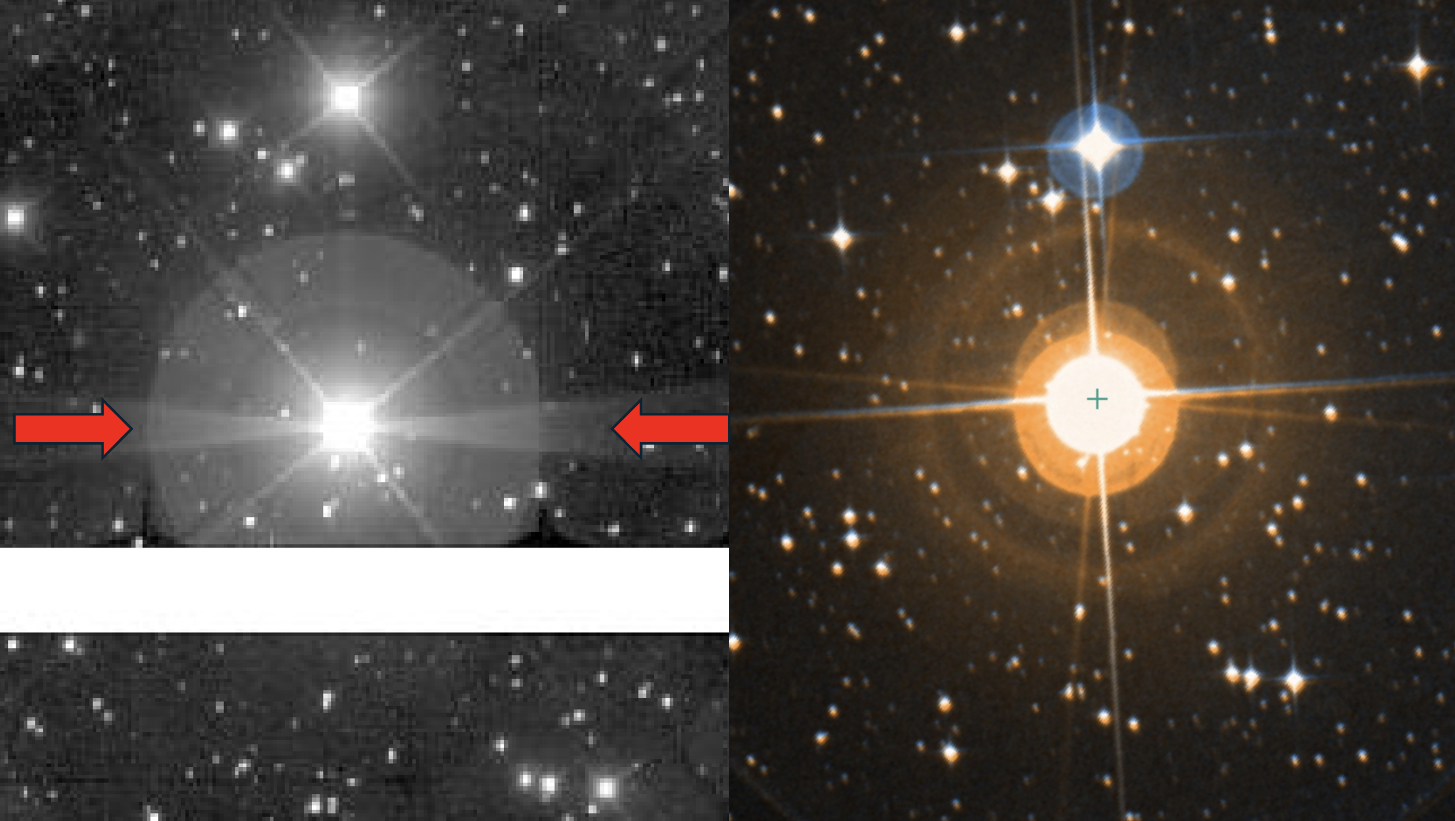 Two images of the bright variable star V460 Carinae. The left panel shows a g-band LSSTComCam image with a horizontal diffraction feature shown by red arrows; the right panel shows a reference color image of the same star from the Digitized Sky Survey (DDS) via the SIMBAD database.