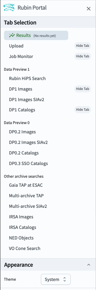 The sidebar menu of the Portal Aspect, showing options in addition to the tabs.