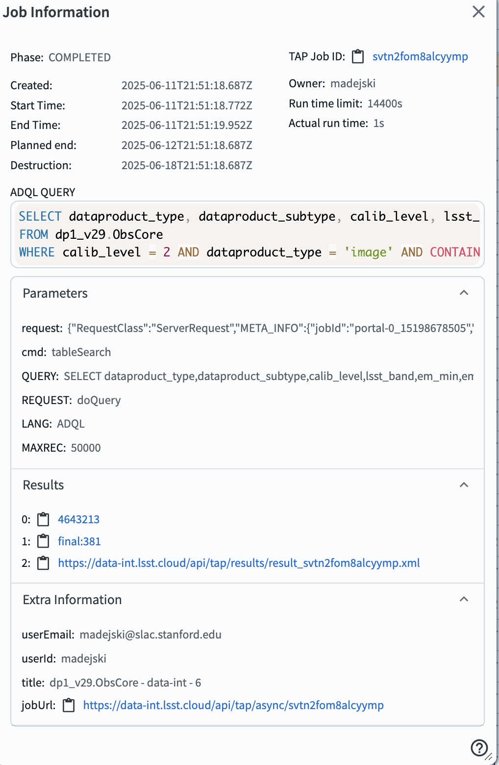 The screenshot illustrating information about a recent job, available from the job monitor.