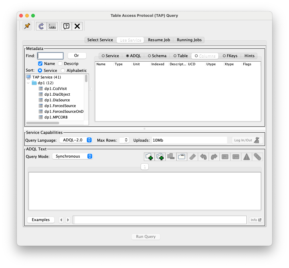 A screenshot of the Table Access Protocol (TAP) Query window. The Table Access Protocol (TAP) Query window shows three panels, stacked vertically.  The top panel is the Metadata panel, and it shows a list of DP1 schemas and tables that are available to query.  The middle panel is the Service Capabilities panel, and it shows that the available Query Language is ADQL-2.0.  The bottom panel is the ADQL Text panel, and it indicates the current Mode is Synchronous; the bottom panel text box is currently empty.