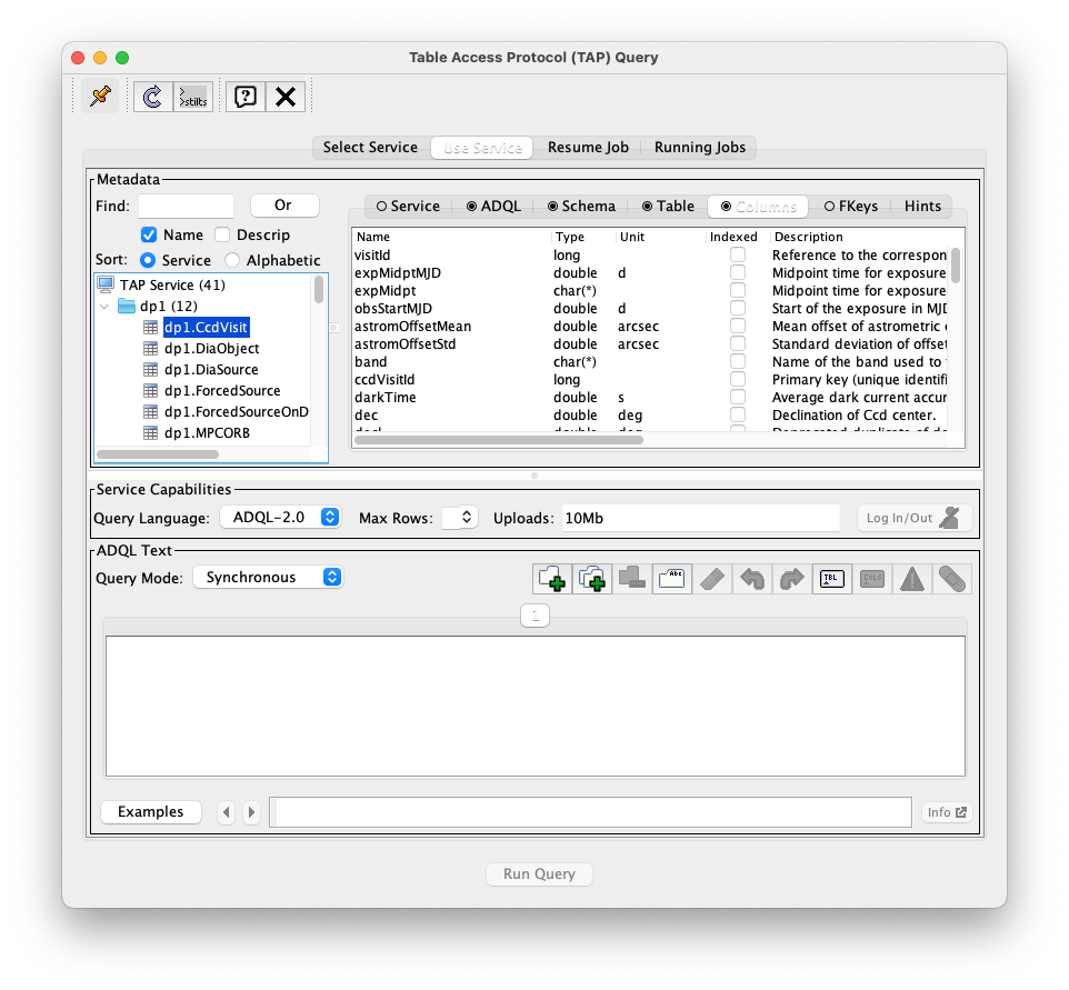 A screenshot of Table Access Protocol (TAP) Query window. It appears the same as in Figure 4, but the dp1.CcdVisit table is highlighted in the left-hand Metadata panel and the column names, data types, units, and descriptions for the columns in the dp1.CcdVisit table are shown in the right-hand Metadata panel.
