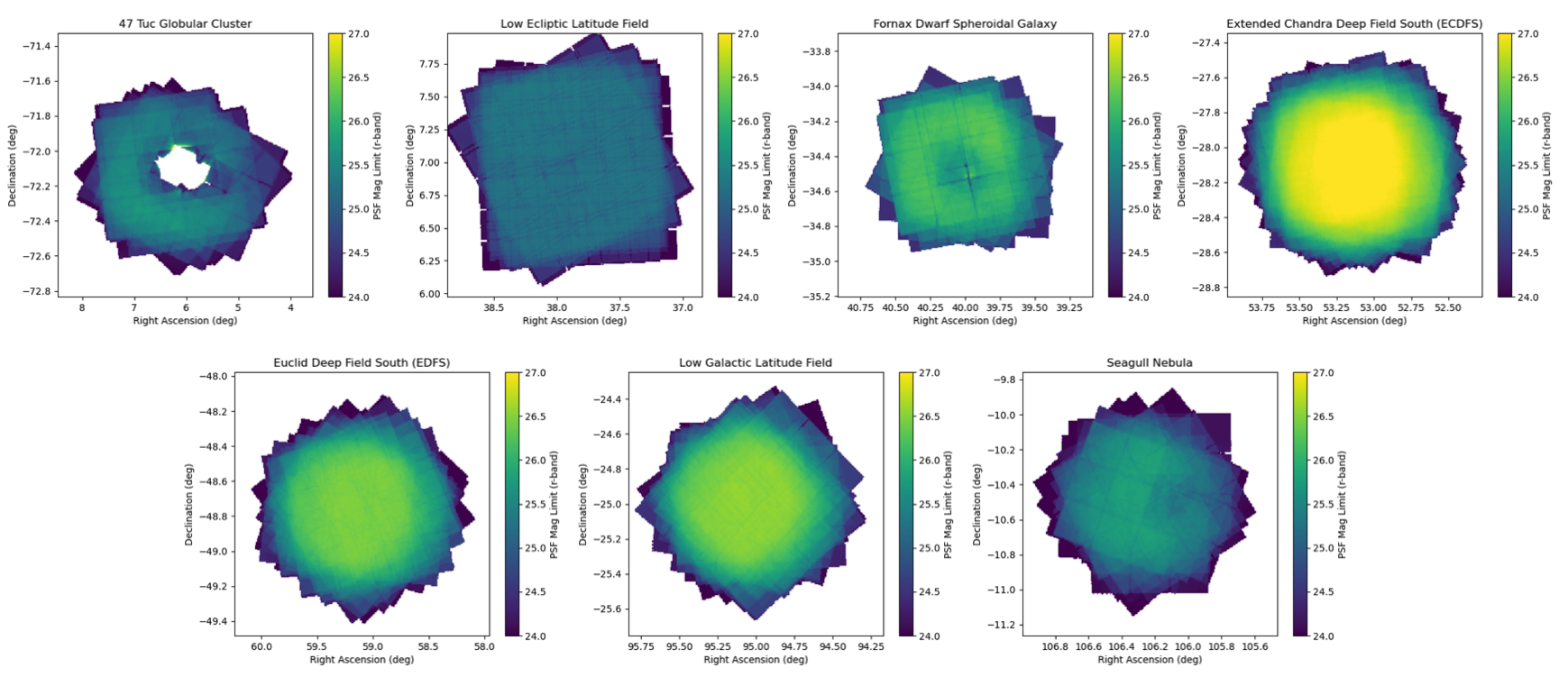 The depth maps in r-band for the seven LSSTComCam fields.