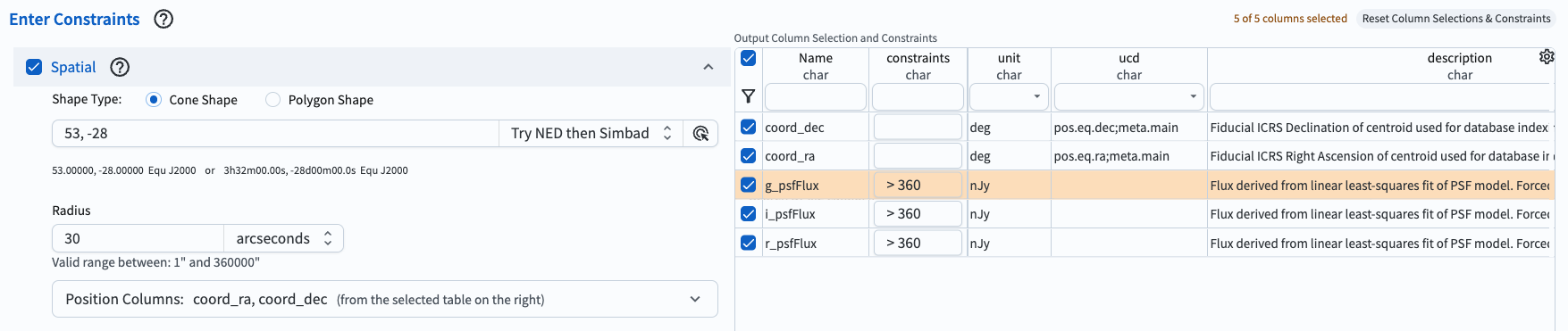 The schema interface, showing how to select columns to include in the results, and how to place constraints on column values.