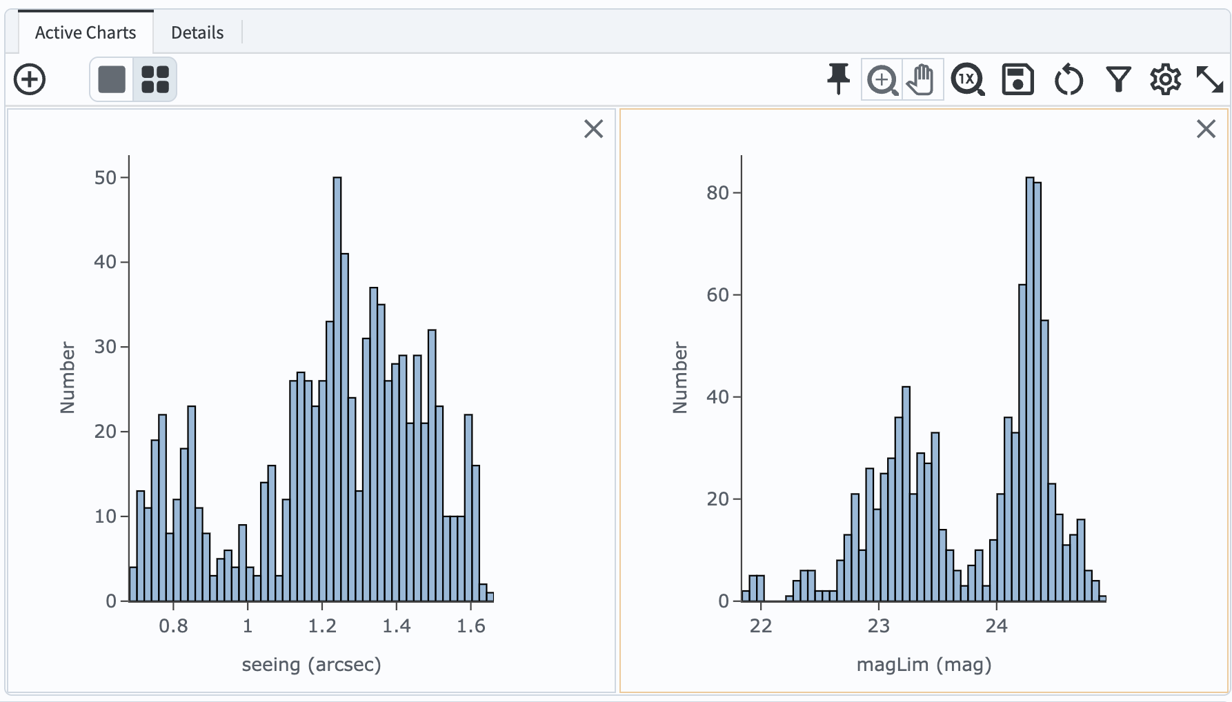 A plot showing two histograms. On the left is the distribution of seeing in arcsec, and on the right a histogram of magLim in mag.
