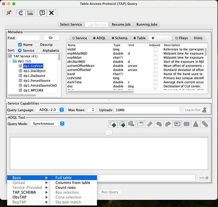 A screenshot of Table Access Protocol (TAP) Query window. It appears the same as in Figure 5, but the Example button has been clicked and the Full Table menu item from the Basic menu item has been chosen and highlighted.