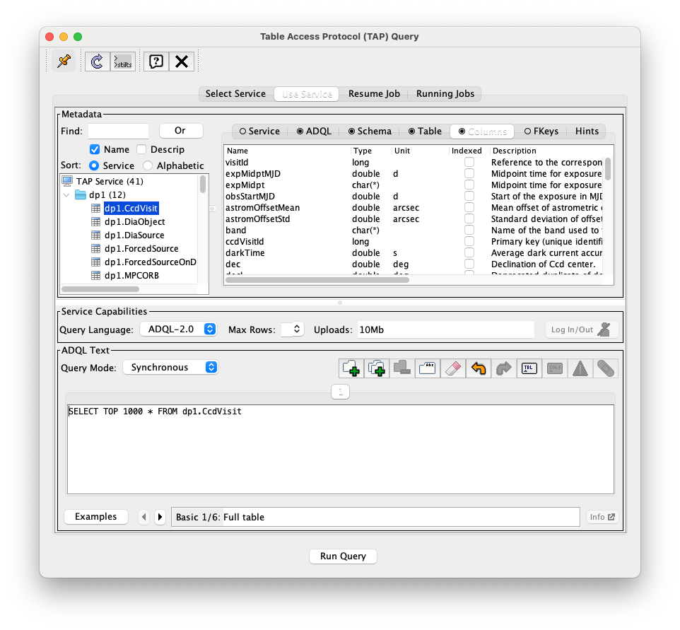A screenshot of of Table Access Protocol (TAP) Query window. It appears the same as in Figure 5, but the chosen ADQL example query now appears in the ADQL Text box.