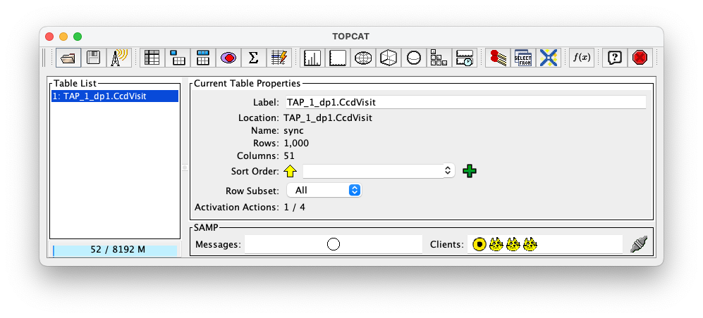 A screenshot of the main TOPCAT window.  It is composed of four main parts. 1. A row of icons along the top of the window.  2. A Table List panel on the left of the window; this currently shows one table, called TAP_1_dp1.CcdVisit, and it is highlighted.  3. A Current Table Properties panel on the right of the window. 4. A small SAMP panel just below the Current Table Properties panel.