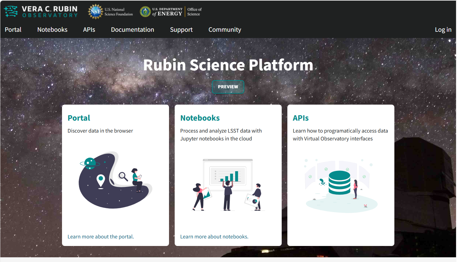 The main landing page of the Rubin Science Platform, showing log in at upper right and three panels, one for each aspect: the Portal the Notebooks and the API.