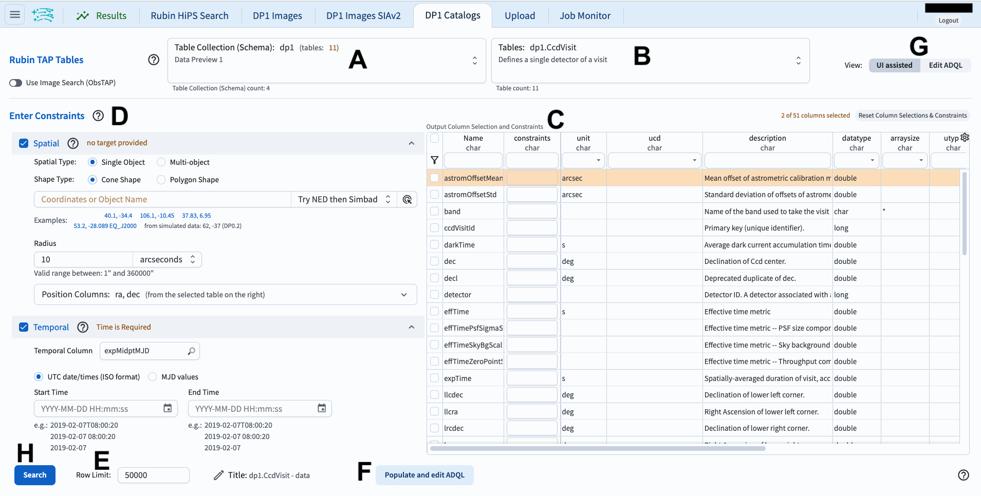 The graphical user interface for the Portal, offering drop-down menus to select catalogs and tables, entry fields for temporal and spatial constraints, and an interative view of the selected table schema.
