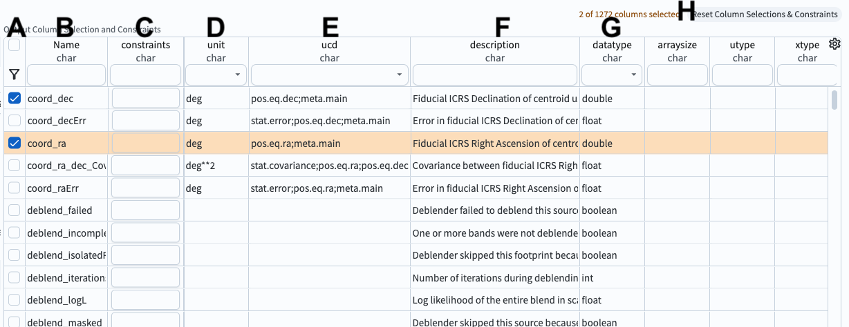 The schema interface, showing how to select columns to include in the results, and how to place constraints on column values.