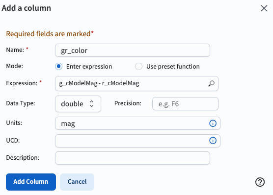 The pop up window for how to add a column to the table.
