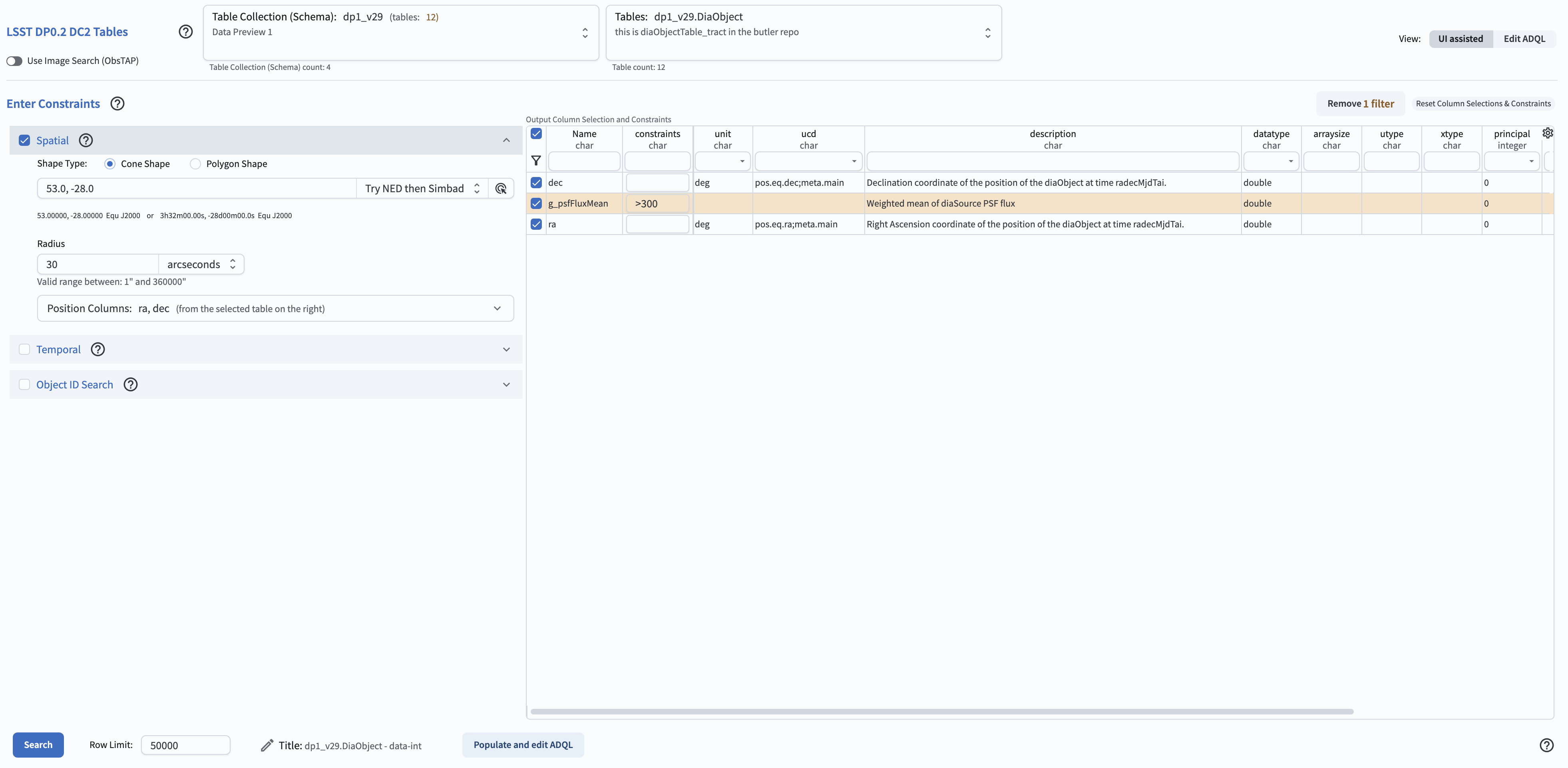 The screenshot with the parameters entered for a sample search.