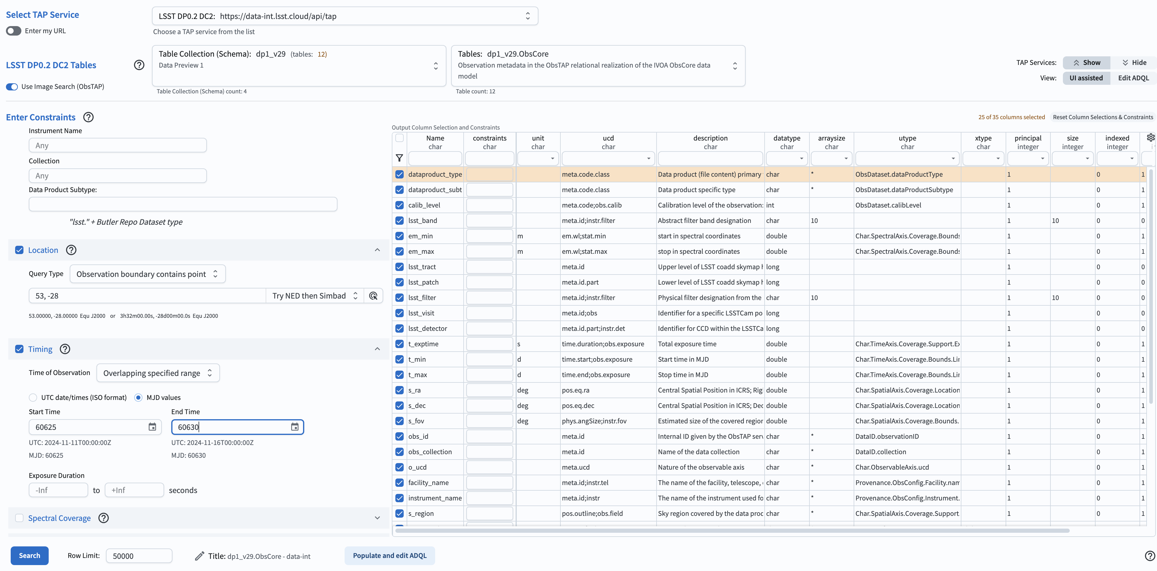 Screenshot of the window containing all parameters and ready to execute the search.
