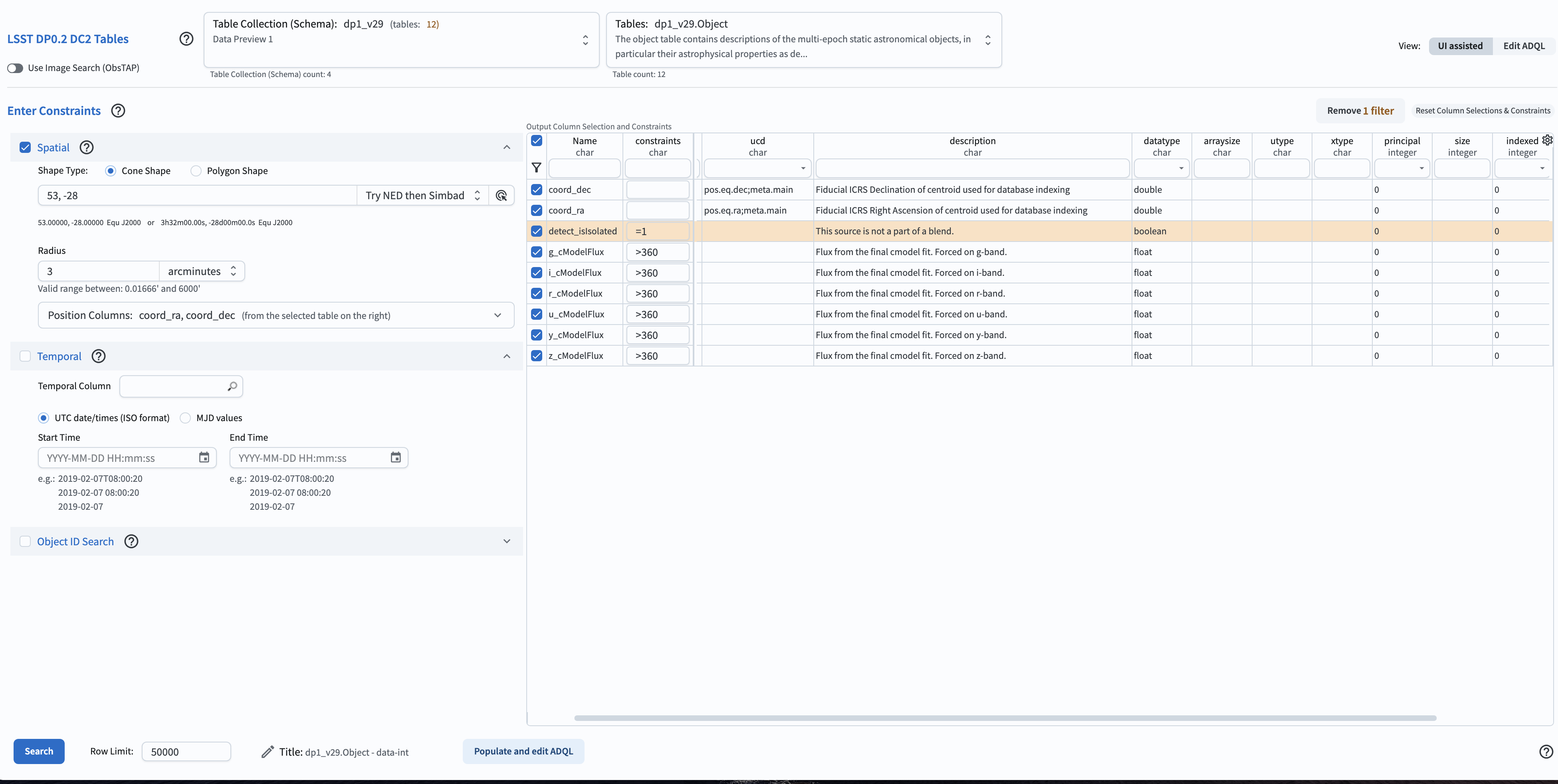 The Portal UI with a spatial query for bright objects set up.