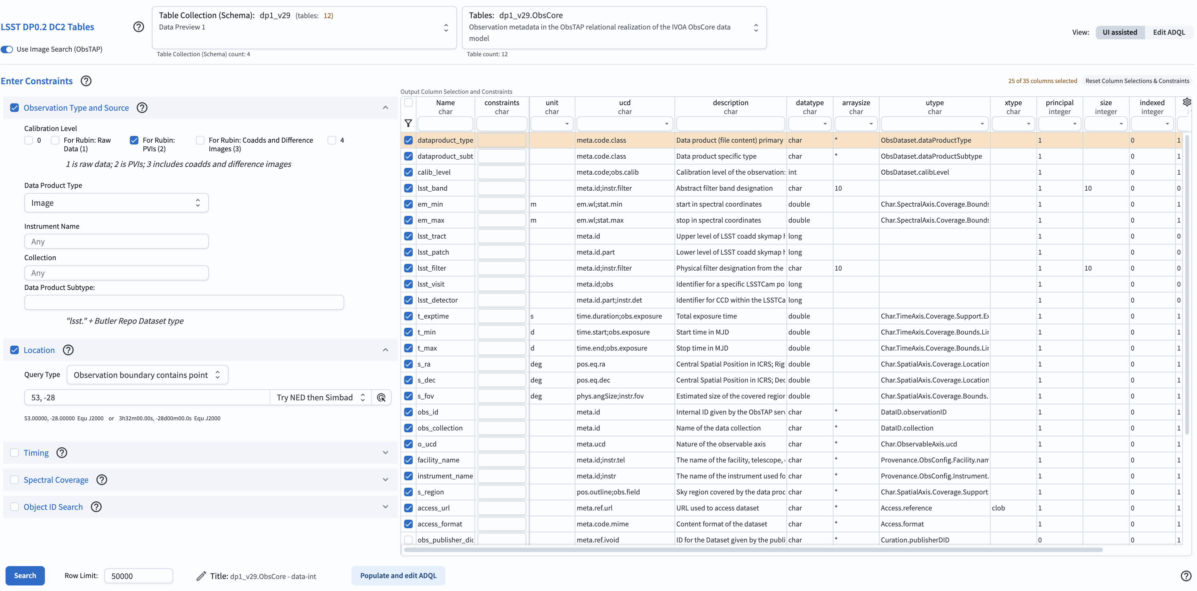 The Portal UI set up to search for images corresponding to the selected constraints.
