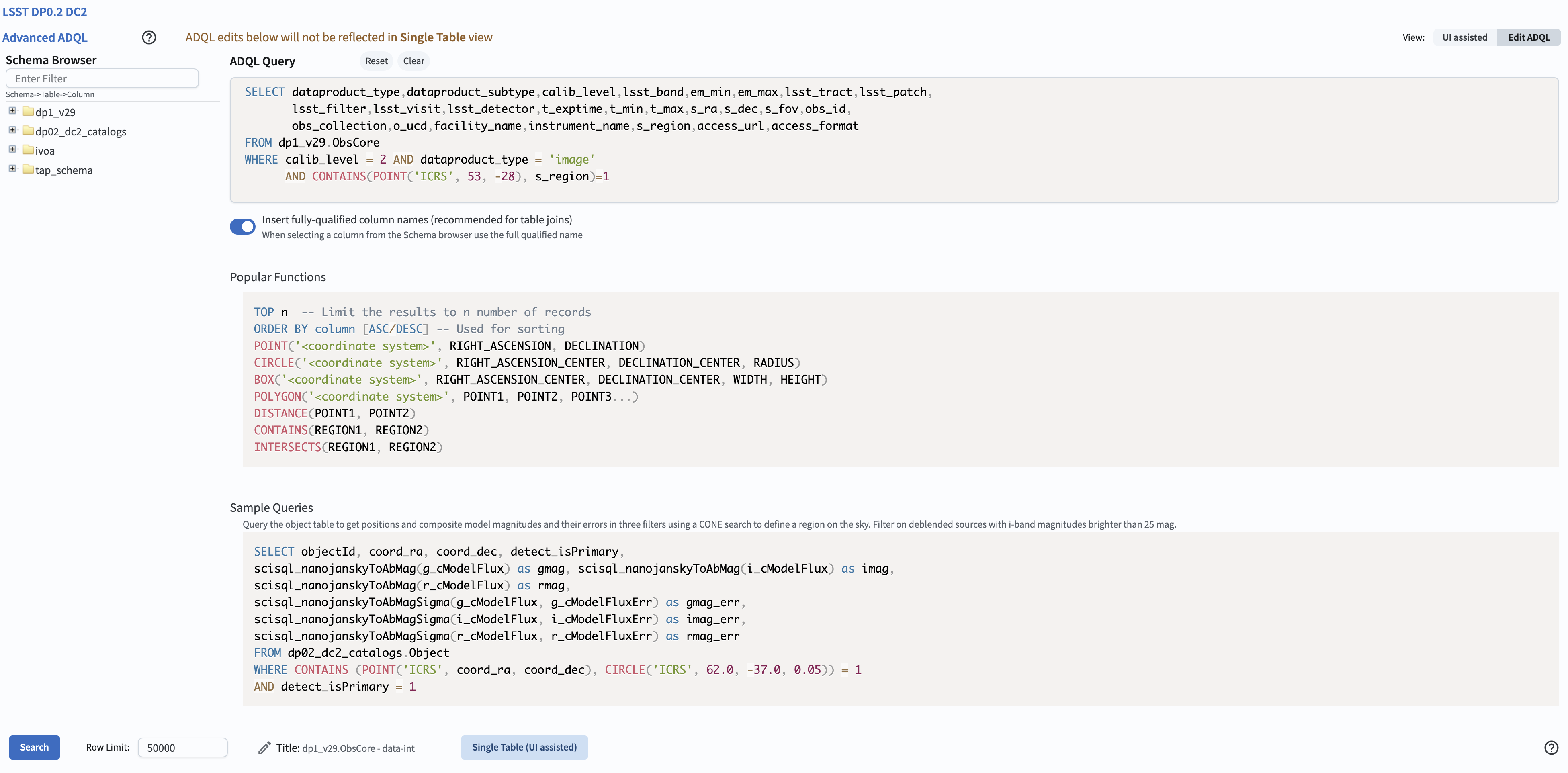 The Portal ADQL aspect, illustrating the query converted from UI to ADQL.