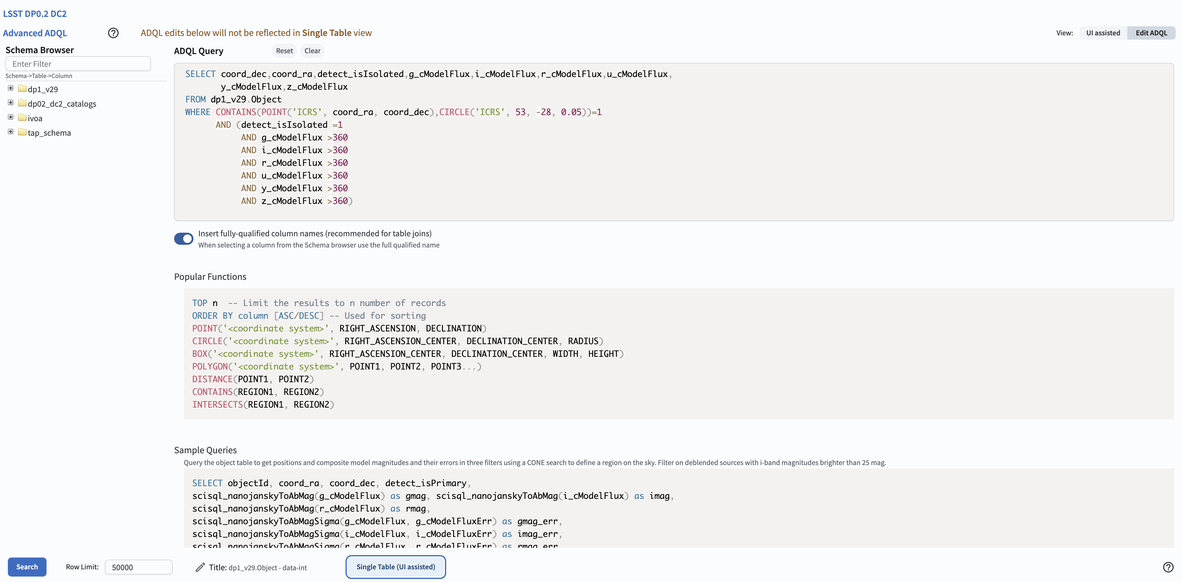 The Portal UI with a spatial query for bright objects converted from the UI to ADQL.