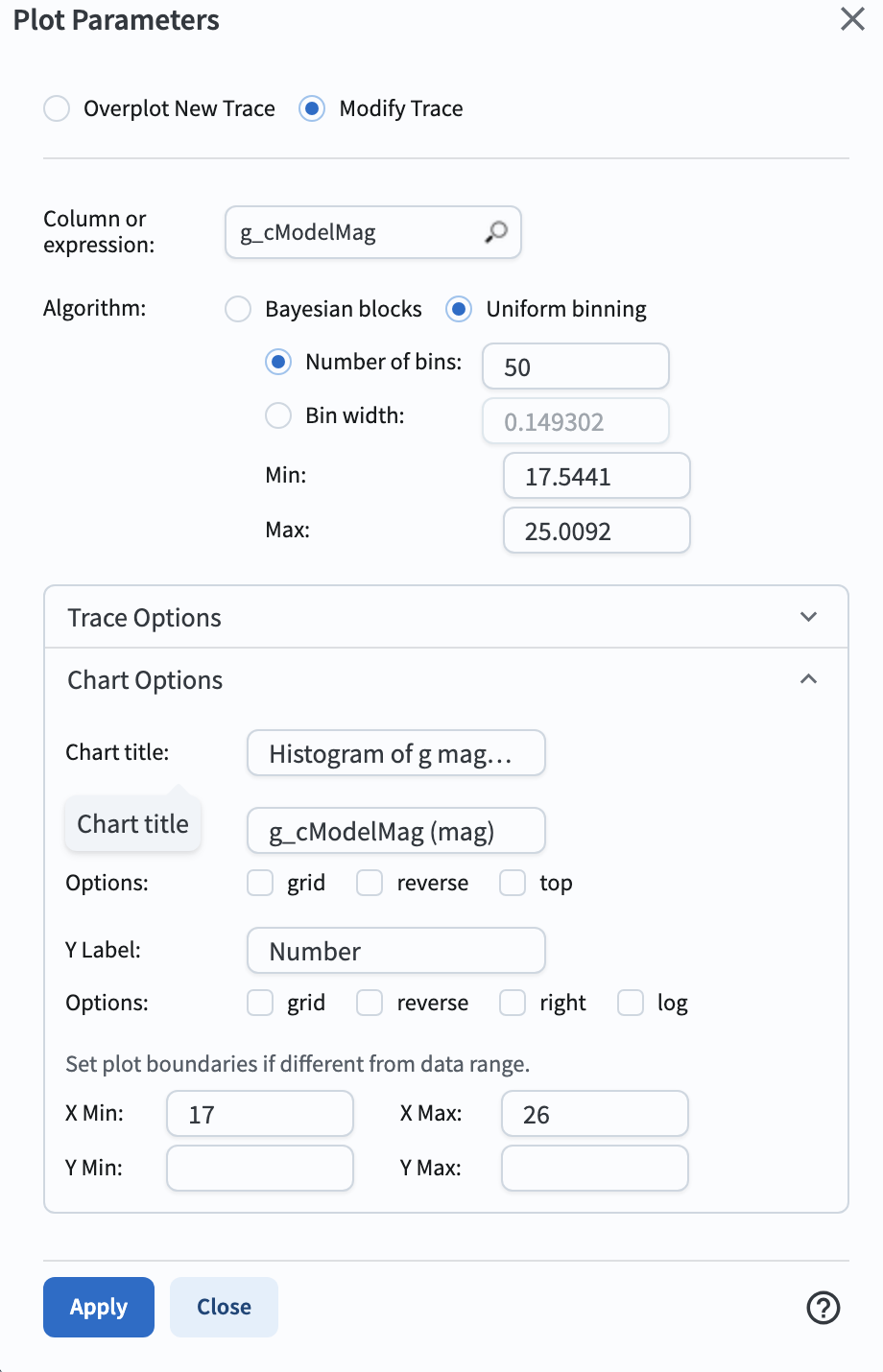 Screenshot of the "Add New Chart" pop-up window, set up for a histogram.