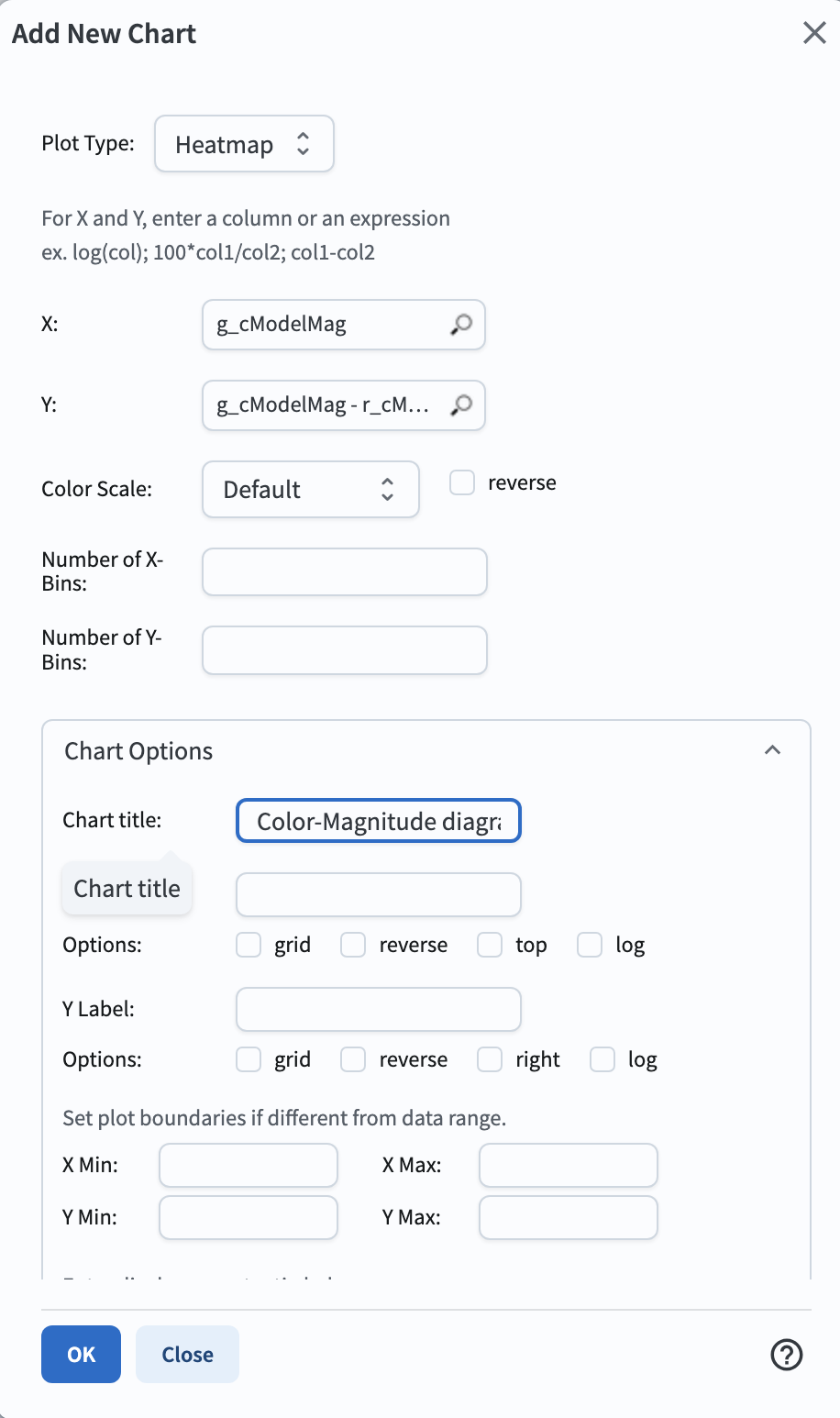 Screenshot of the "Add New Chart" pop-up window, set up for a heatmap.