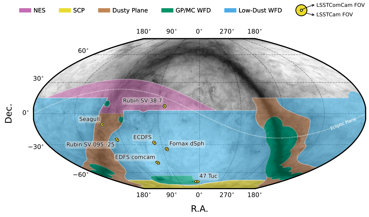 A map showing the sky locations of the LSSTComCam fields and the planned regions for the LSST.