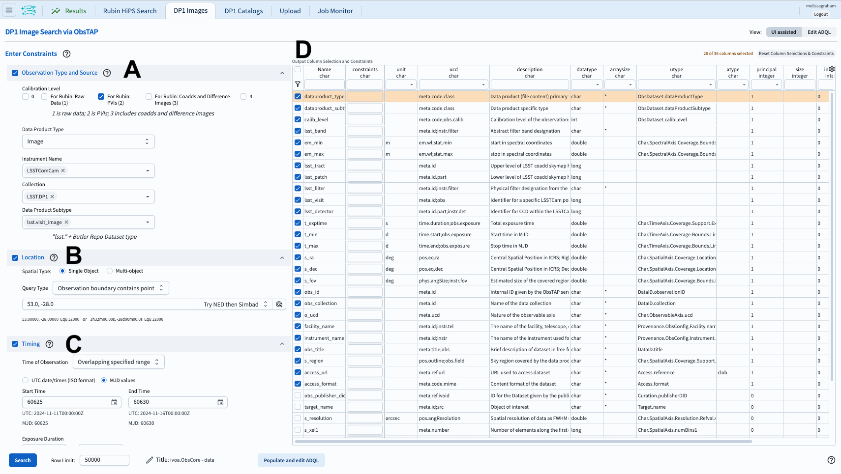 The graphical user interface for the Portal, offering drop-down menus to select catalogs and tables, entry fields for temporal and spatial constraints, and an interative view of the selected table schema.