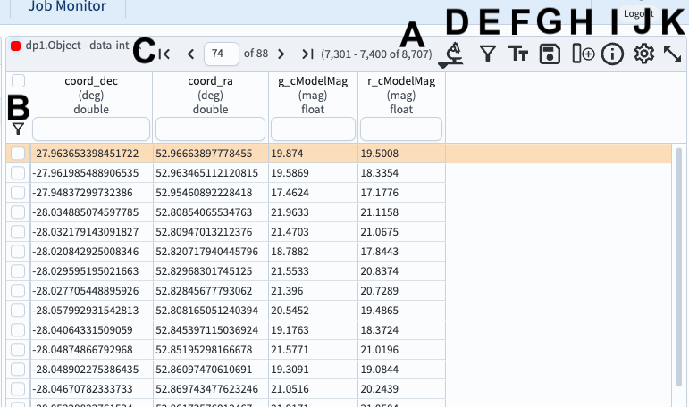 The default view of the table panel.