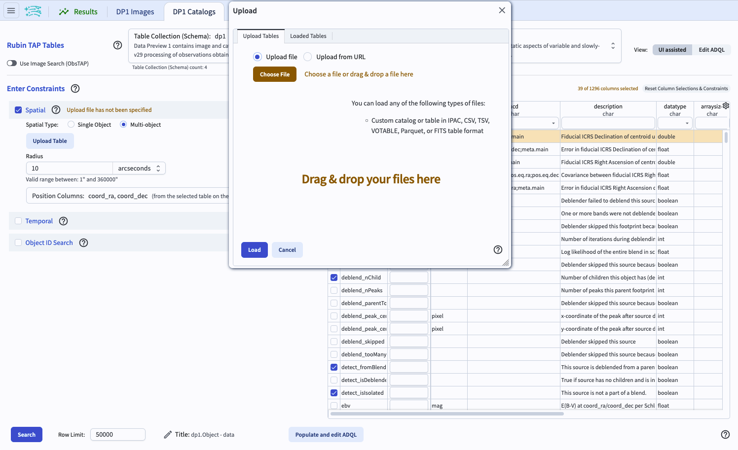 The user interface for the Portal, with drop-down menus to select and upload files.