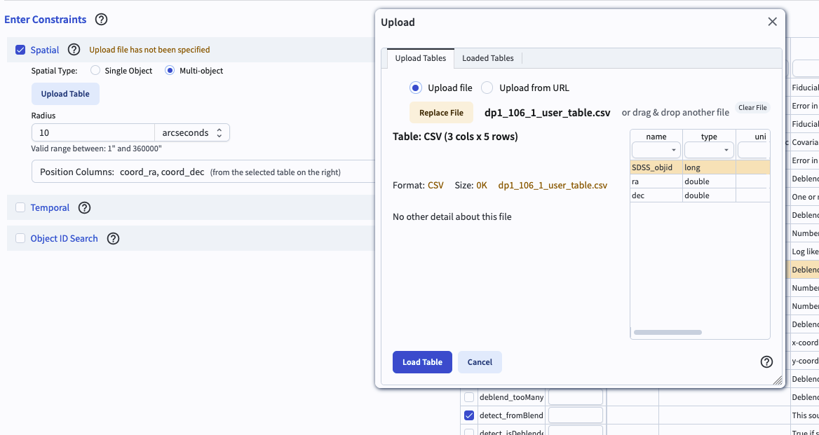 The user interface after a file has been uploaded showing the name of the file and the table schema including column names.