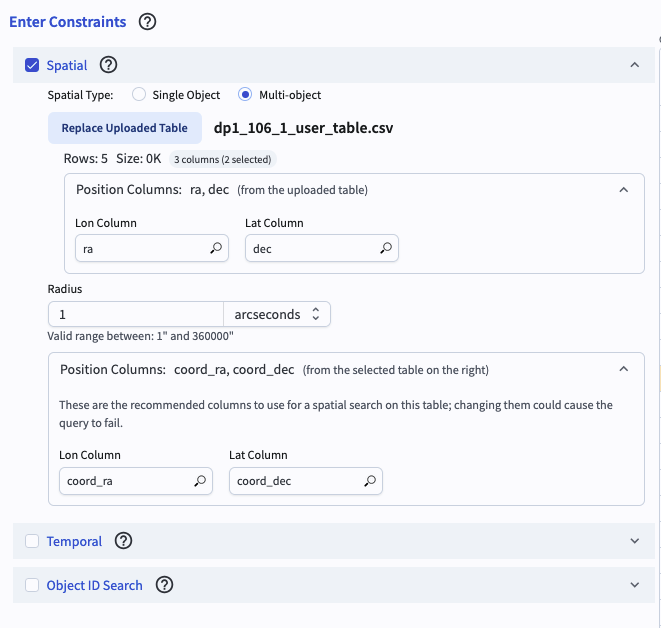 The user interface to enter spatial constraints, showing drop-down menus to enter column names.